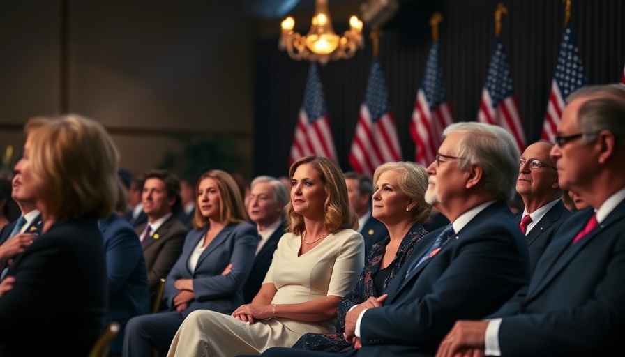 People at a formal event with American flags background.