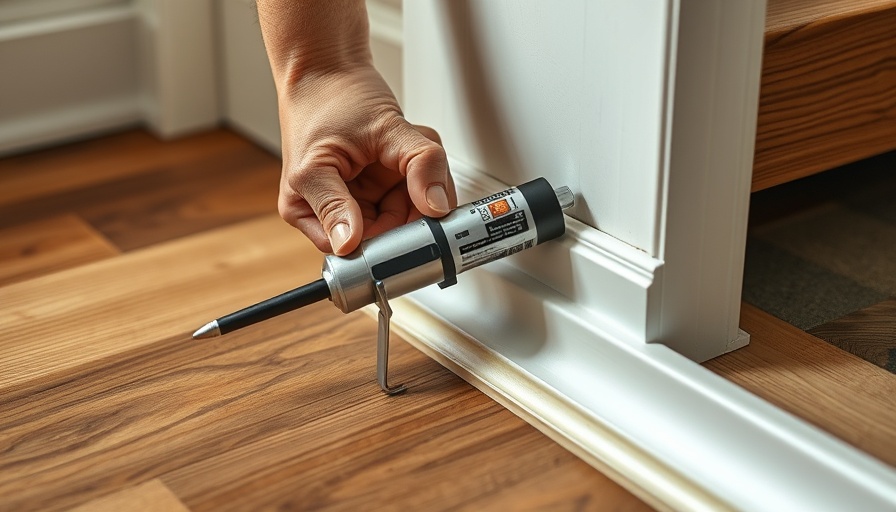 Close-up DIY home improvement with caulking gun sealing floor.