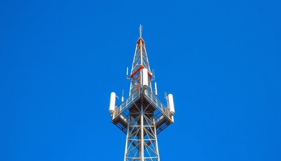 Cellular tower for internet service with antennas against blue sky.