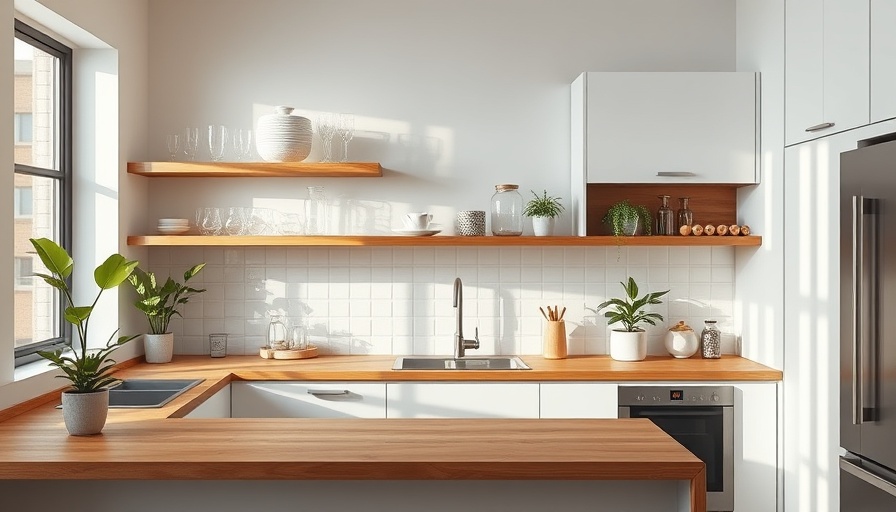 Modern kitchen with budget-friendly stylish upgrades, showcasing open shelving and sleek design.