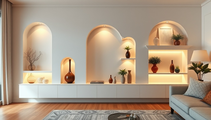 Modern wall niche design ideas with plants and decor, warm lighting.