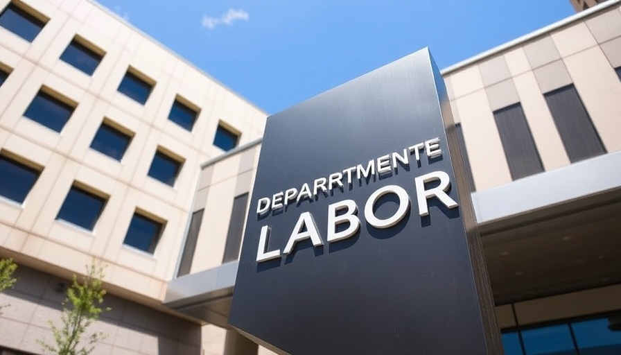 Close-up of US Department of Labor sign with building.
