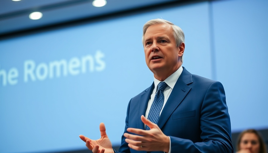 Middle-aged man speaking at a conference in a blue suit.