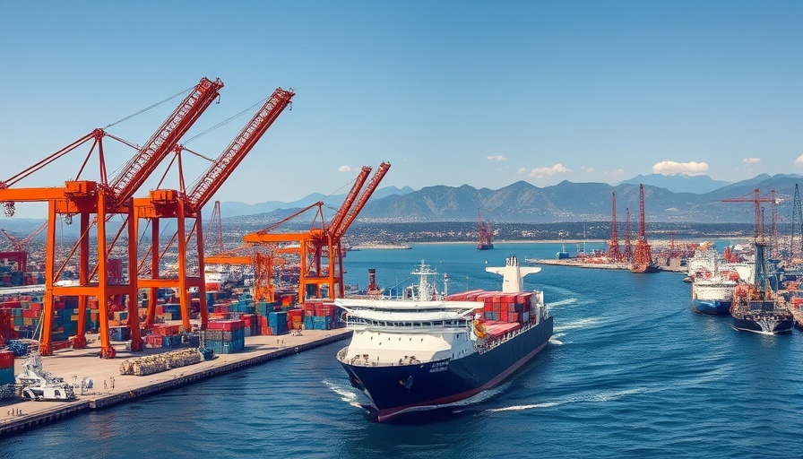 Industrial port with cargo ship under clear sky, US sanctions against Russia's shadow fleet