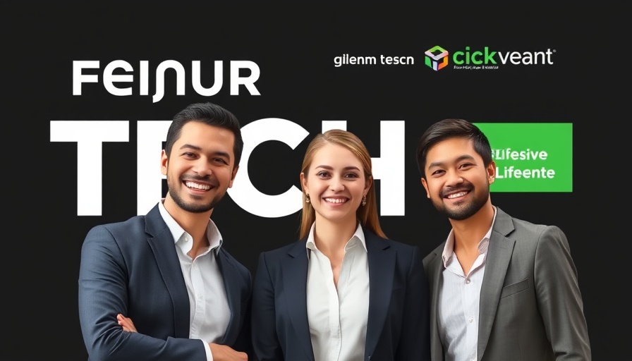 Tech event poster with smiling business professionals discussing how to start a business.