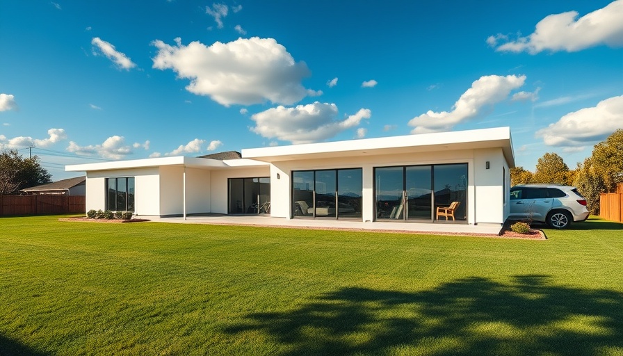 Modern prefab home with lawn and driveway under blue sky.