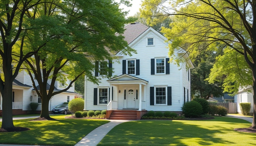 Classic white suburban house with green lawn, suggesting 'Sell my house and rent when I retire.'
