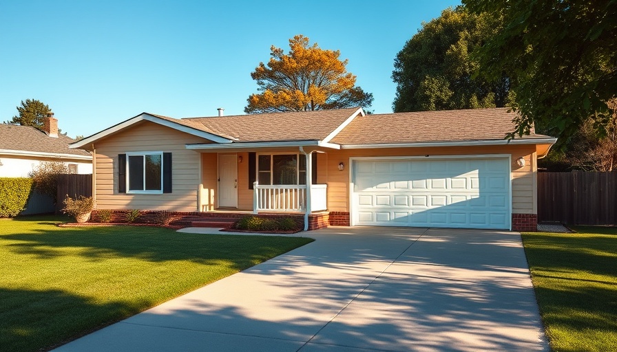 Charming suburban prefab home with attached garage under blue sky.