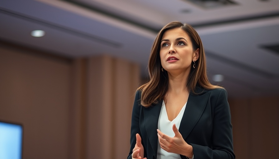 Confident woman speaking at health tech industry event.