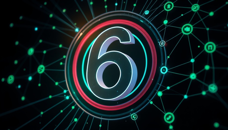 Abstract digital art with number 6 and social symbols representing connectivity.