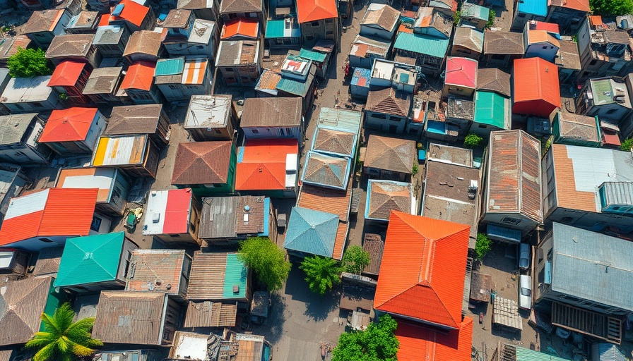 Aerial view of urban area showcasing flood risks for slum residents.