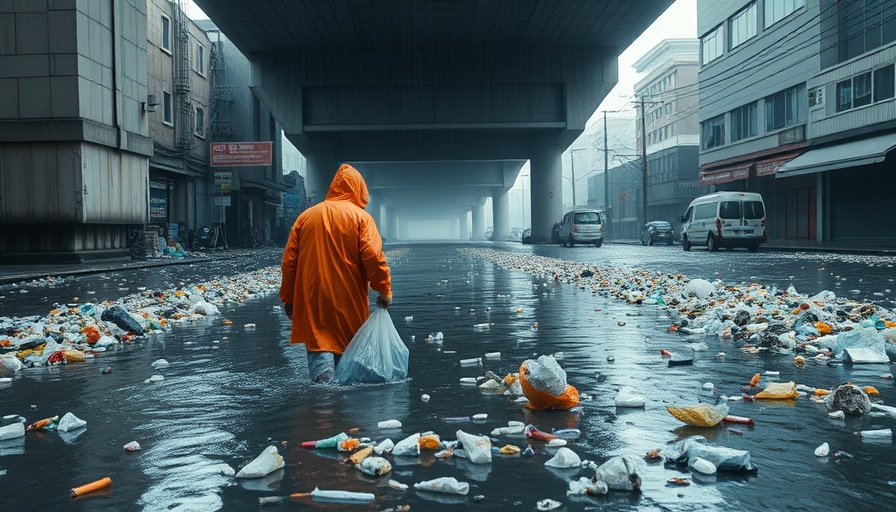 Plastic pollution issue illustrated by flooded street with debris.