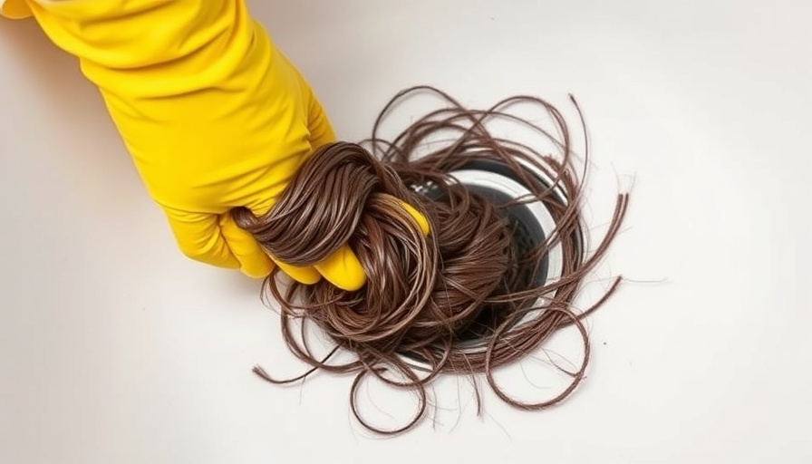 Gloved hand cleaning hair from drain in white sink.
