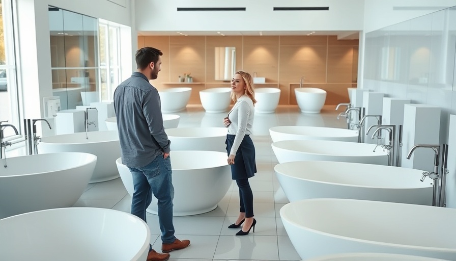 Customer and salesperson discussing bathtubs in a showroom.