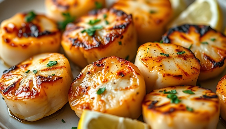 Juicy grilled scallops recipe with herbs and lemon slices.