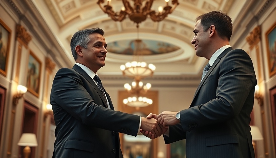 Formal handshake between leaders in a meeting room.