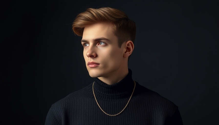 Contemplative young man in a black sweater with dark background.