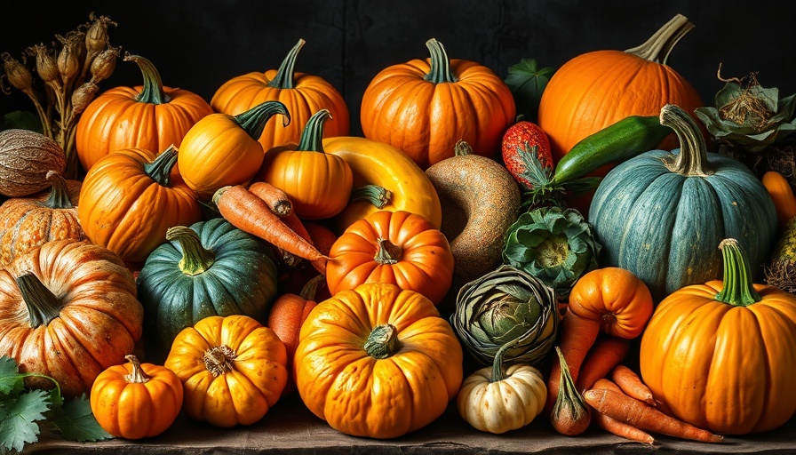 Vibrant fall vegetables including pumpkins and squash in rustic setting.