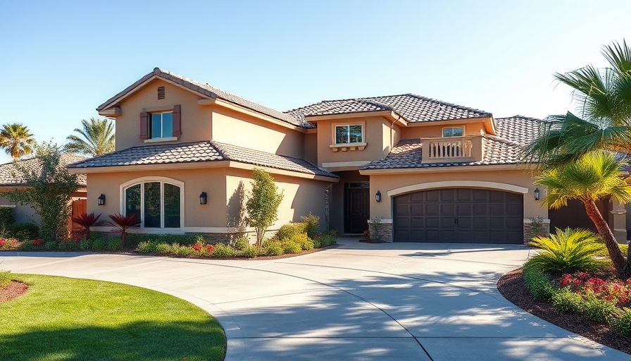 Modern suburban house with two garages under clear sky.