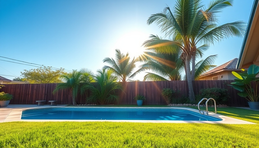 Modern backyard pool surrounded by tropical plants.