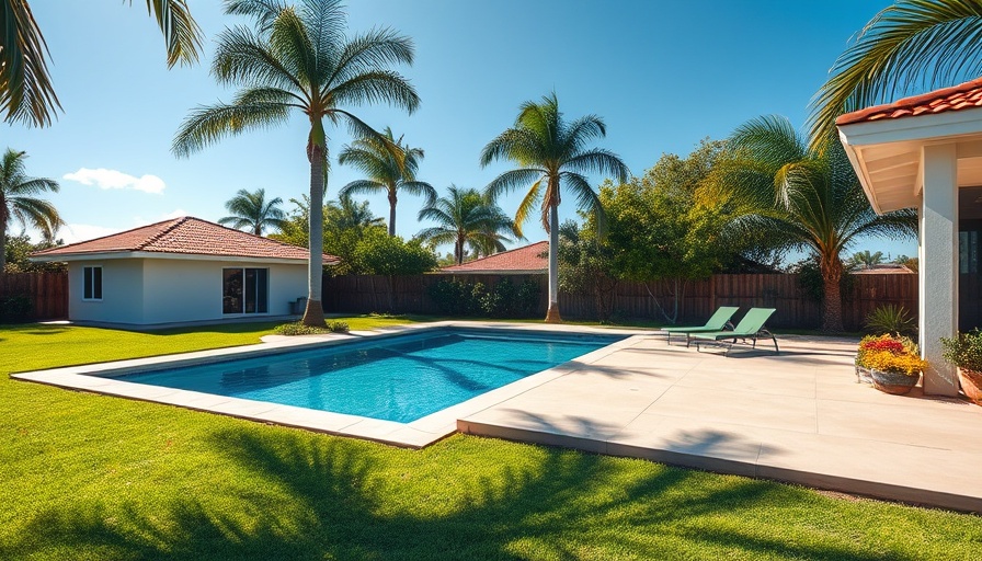 Backyard with pool, palm trees, and sunny day, enhancing home value.