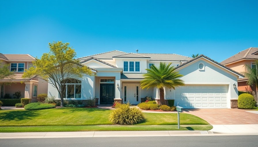 Modern house in escrow real estate with white facade and landscaping.