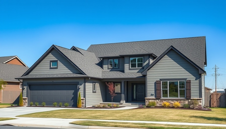 Modern suburban house with gray exterior under clear sky.