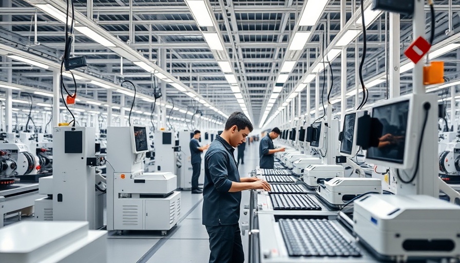 Modern factory assembly line demonstrating Apple manufacturing commitment.