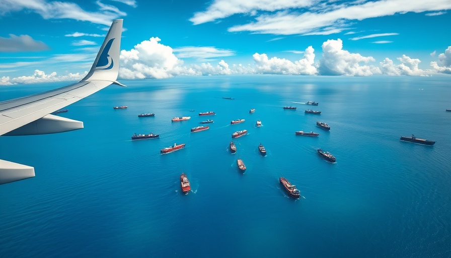 Aerial view of cargo ships under a plane wing highlighting global CO2 emissions.