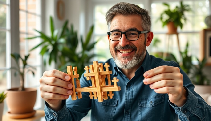 DIY giant tic-tac-toe game, man holding pieces, natural home setting.