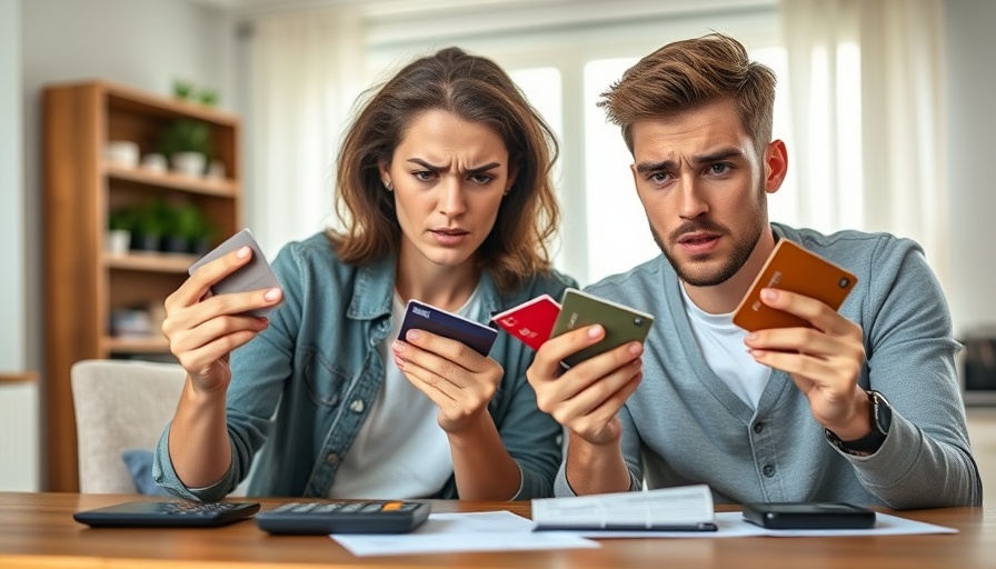 Frustrated couple managing debt settlement with credit cards.
