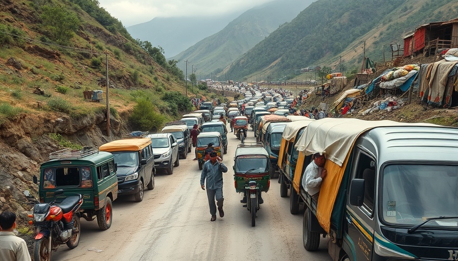 Traffic jam on Armenia-Azerbaijan trade route with vehicles and people.