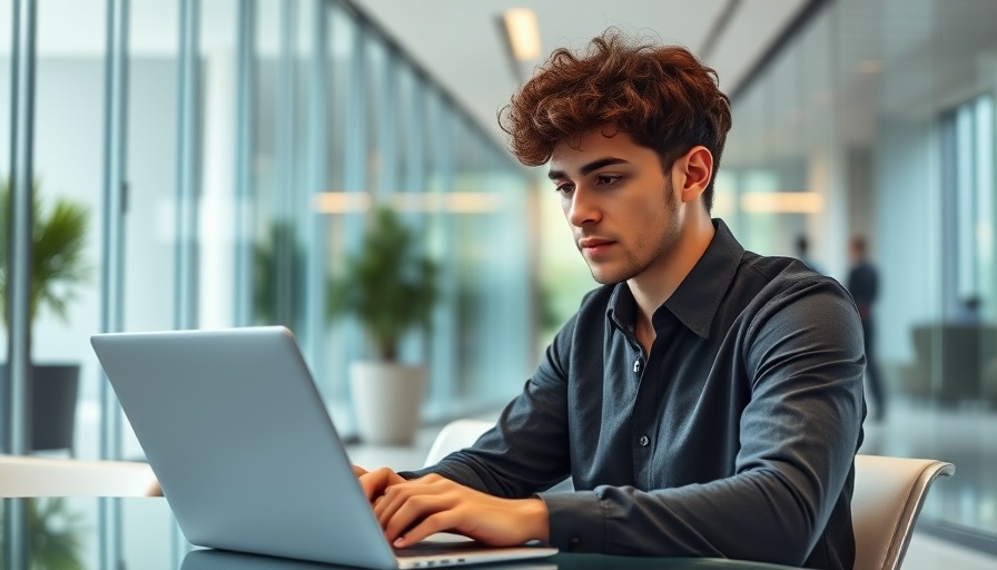 Young man pondering with laptop in modern office setting.