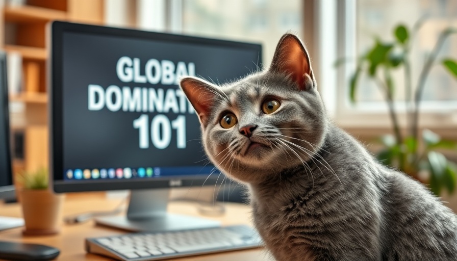 Playful cat engaging with a computer screen humorously titled 'Global Domination 101'.
