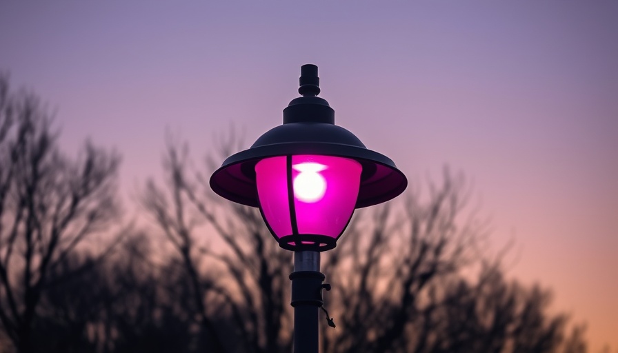 Purple street light glowing at dusk with trees in background