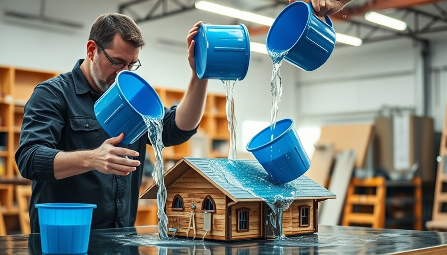 Flood damage recovery demonstration with two men using buckets.