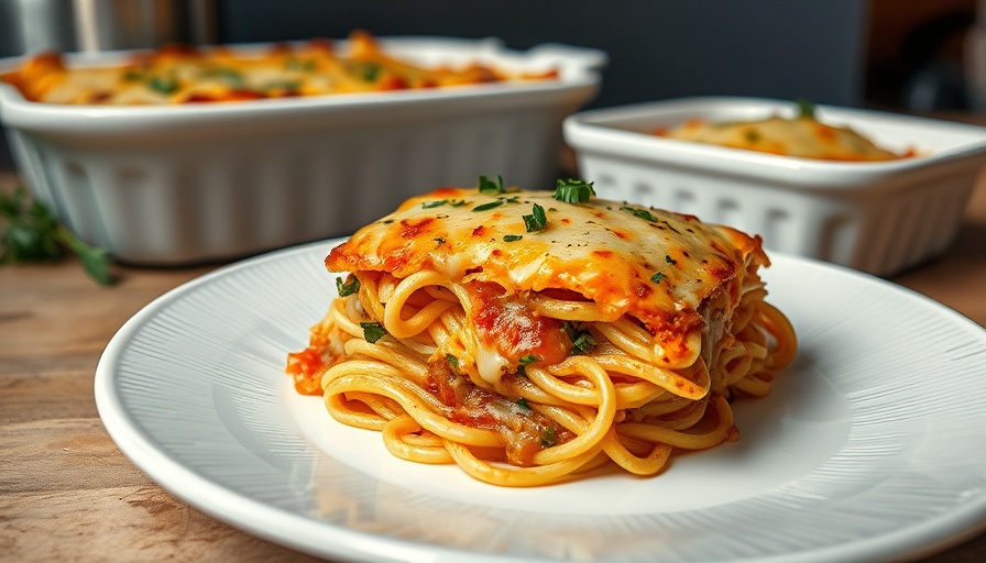 Cheesy baked spaghetti slice for easy dinner ideas, garnished with herbs.