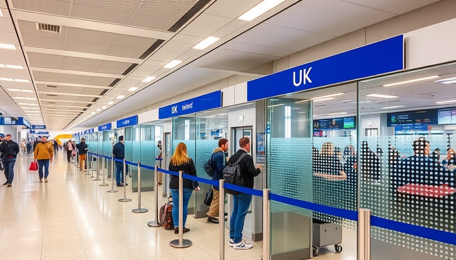 UK border control checkpoint with waiting travelers, representing UK deportation policy for foreign criminals.