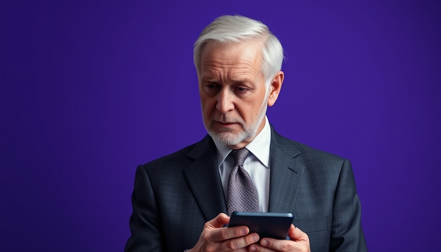 Elderly man in a suit holding a device, reflecting.