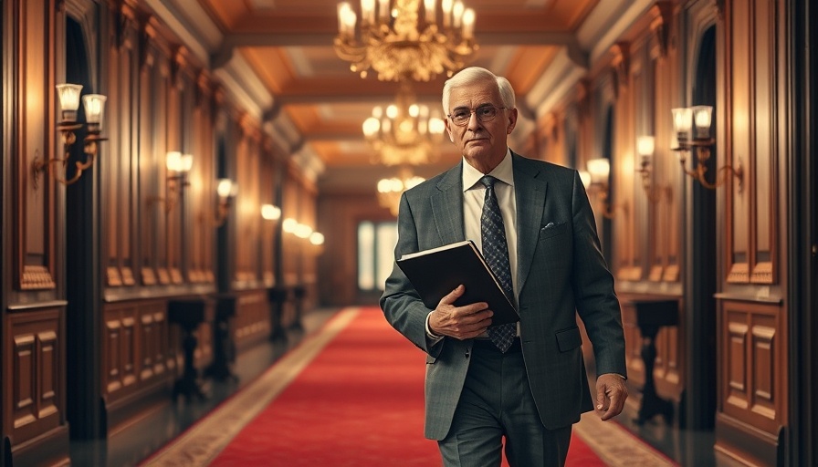 Older gentleman in a suit walking in a red-carpeted hallway.