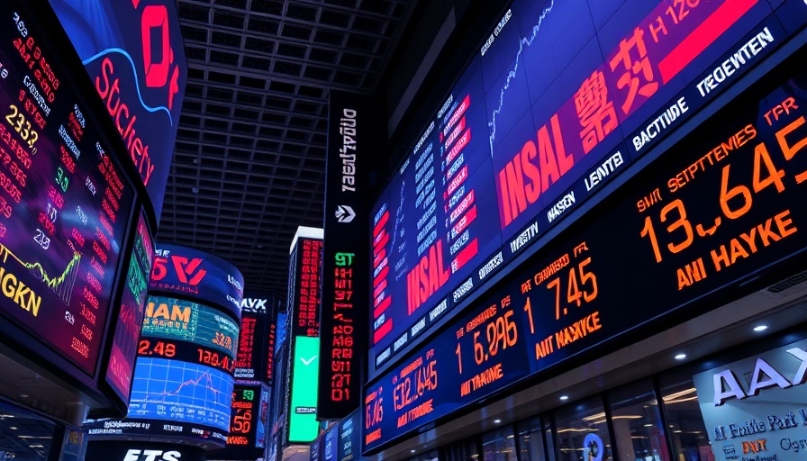 Vibrant stock market news display with glowing screens.