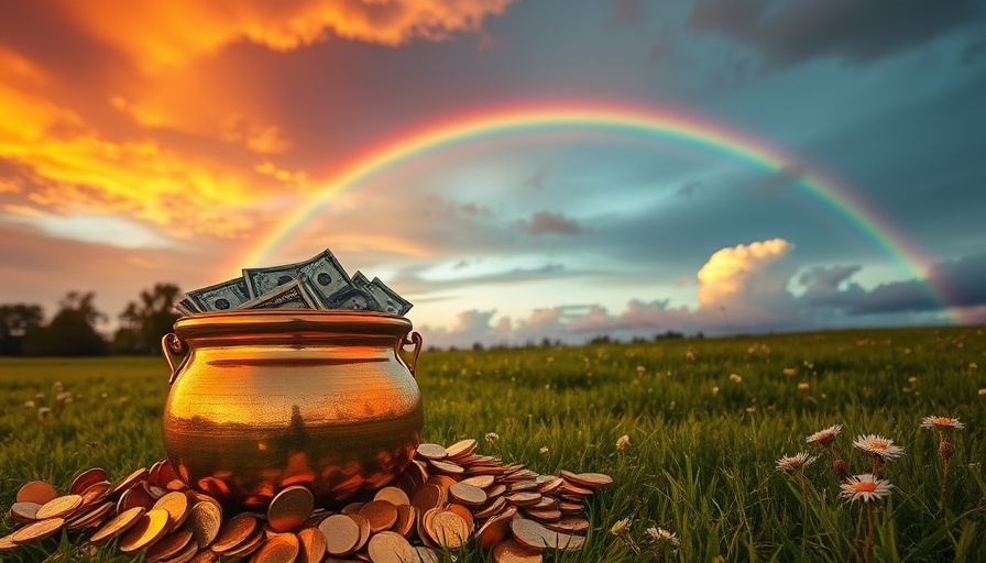 Golden pot with coins and rainbow symbolizing millionaire milestones.