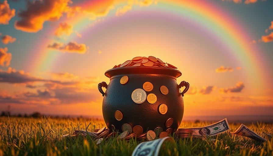 Pot of gold and money under a rainbow symbolizing milestone wealth journey.