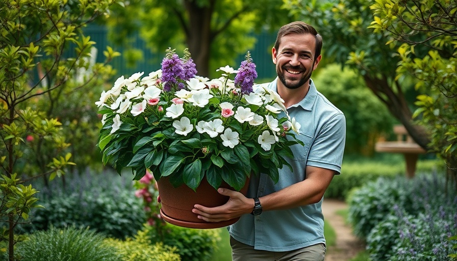 Time-Saving Gardening Hacks: Man carrying flower pot in lush garden.