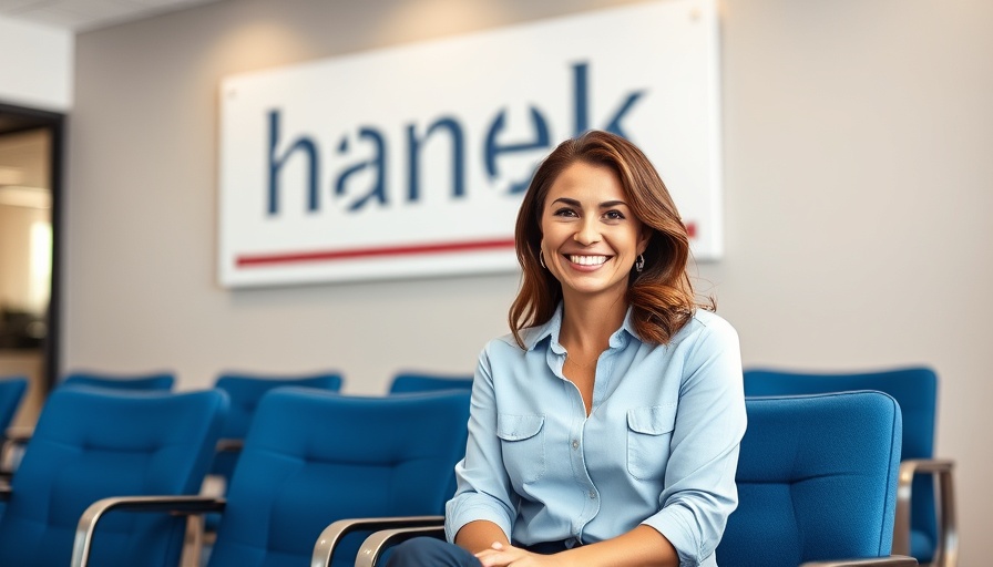 Smiling woman in an office with blue chairs and branded backdrop, senior care options.