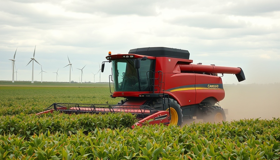Combine harvester working in soybean field with wind turbines in background, reflecting U.S.-China trade negotiations.