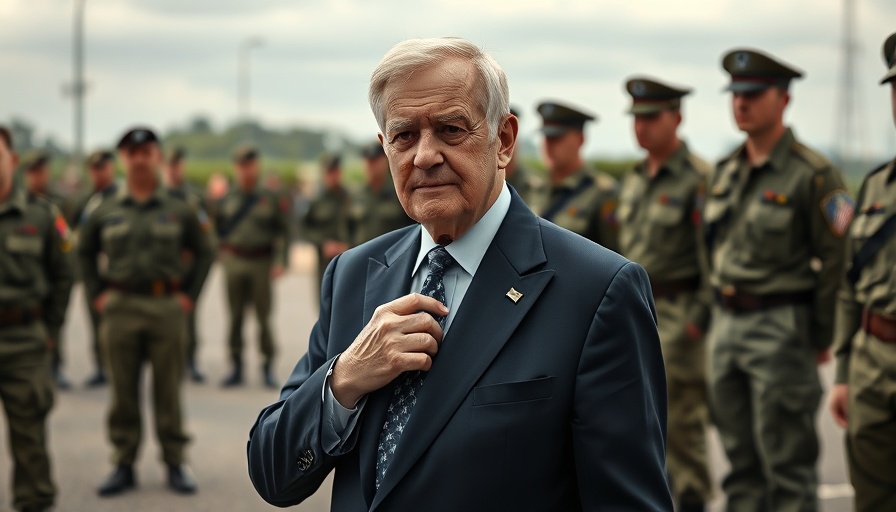 Older man adjusting tie in front of military personnel, photorealistic.