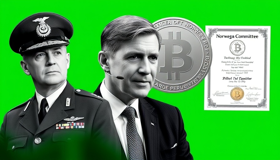 Symbolic collage of diplomacy with military, public figure, Bitcoin, Nobel Prize.