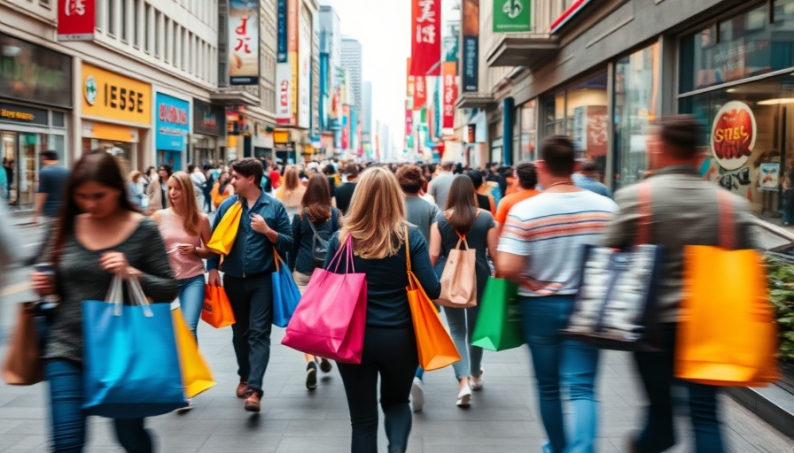 People carrying shopping bags on a busy UK street, reflecting consumer trends.