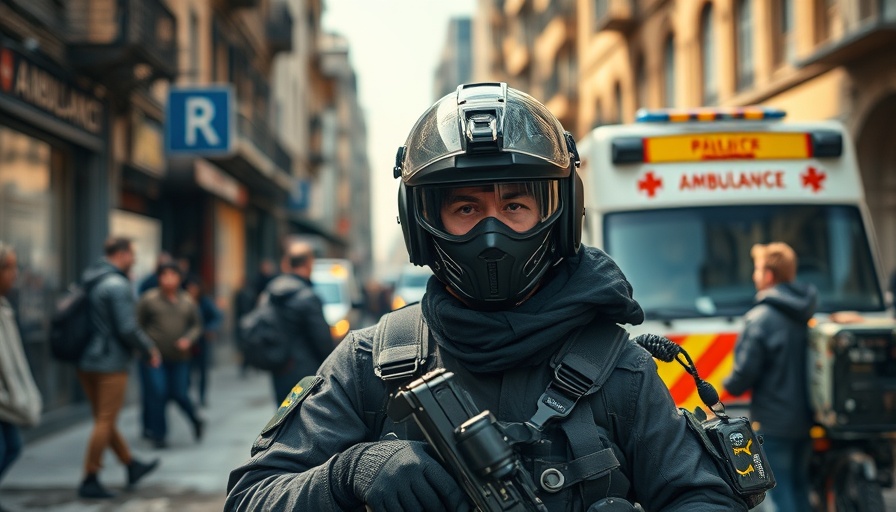 Journalist in conflict zone wearing press vest, with ambulance and people in background, highlighting safety of journalists.
